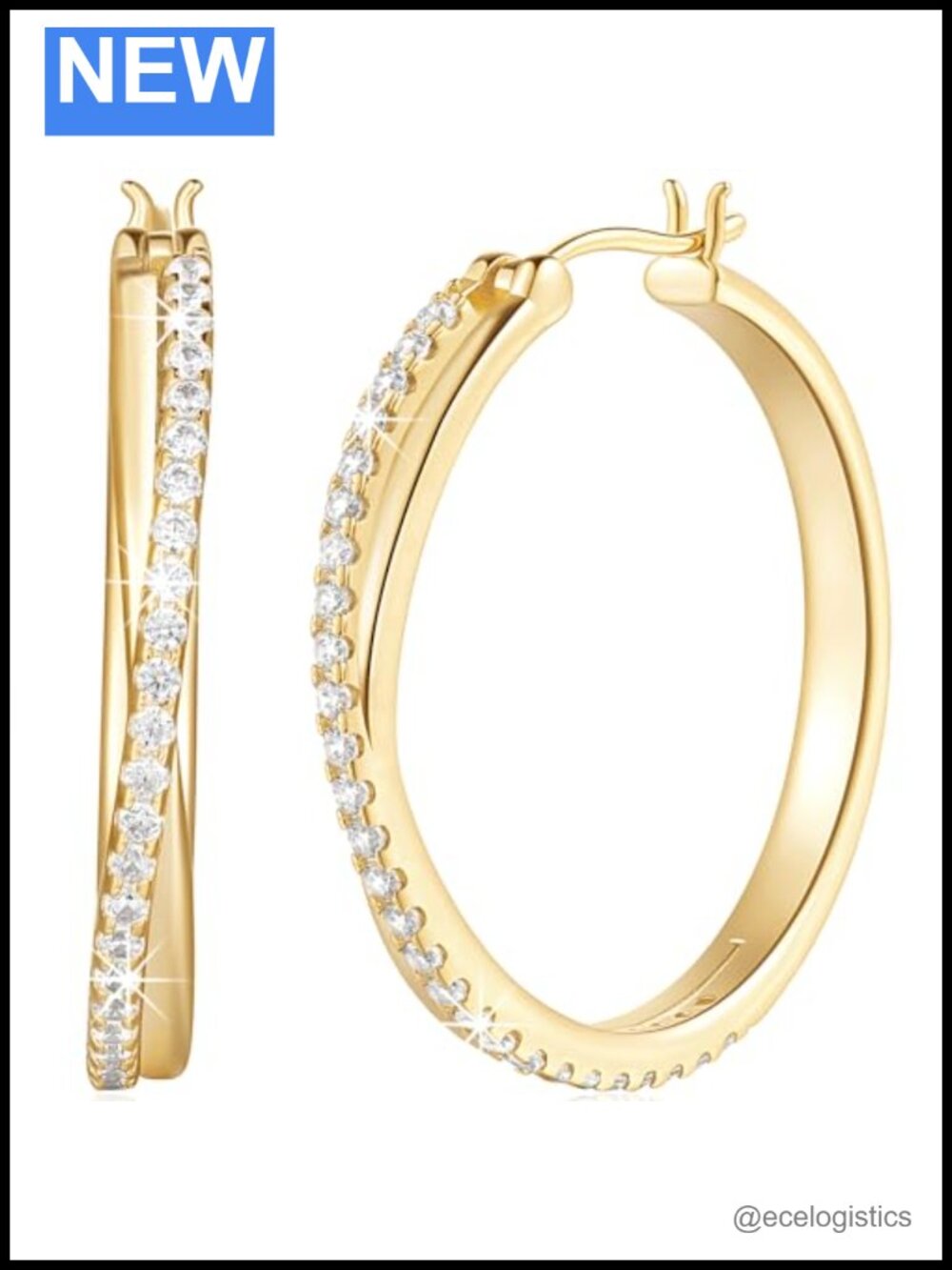 14K Gold Hoop Earrings X Shape Cubic Zirconia Hinged